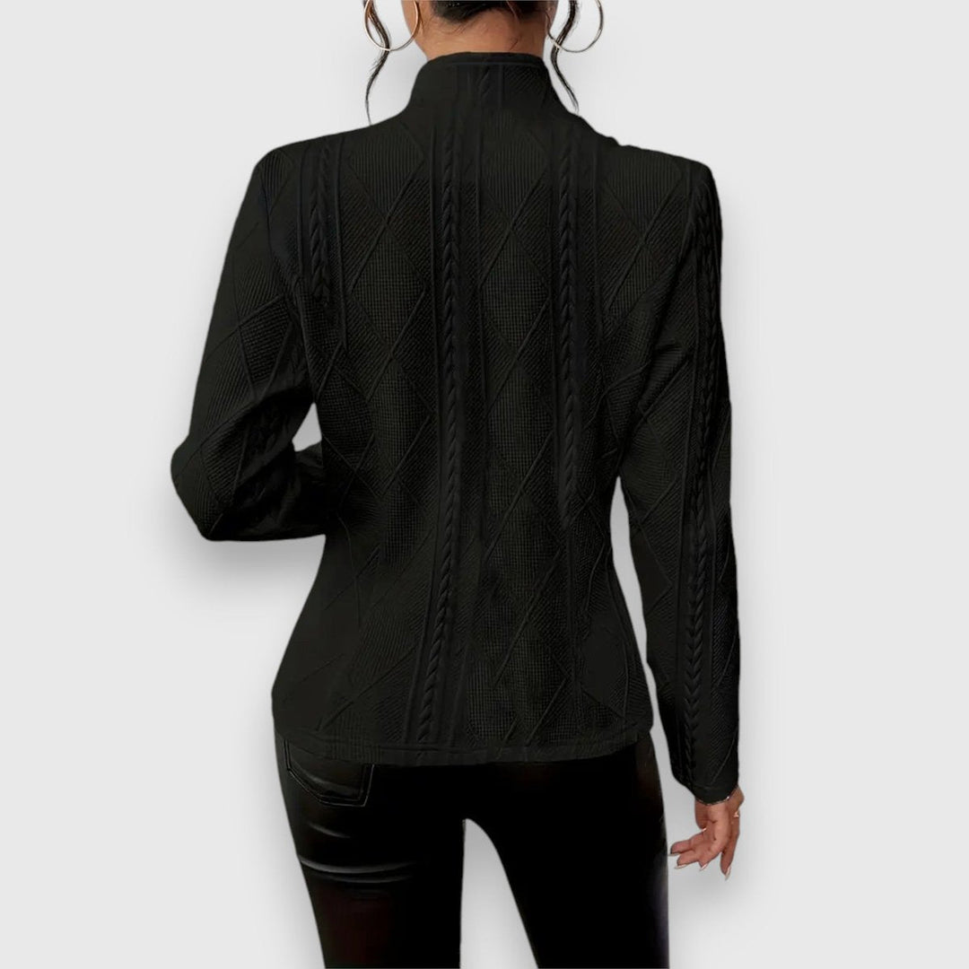 Women’s textured cable-knit cardigan by Bennett and Lowe with button-front, mock neck, long sleeves, fitted style, and cozy design.