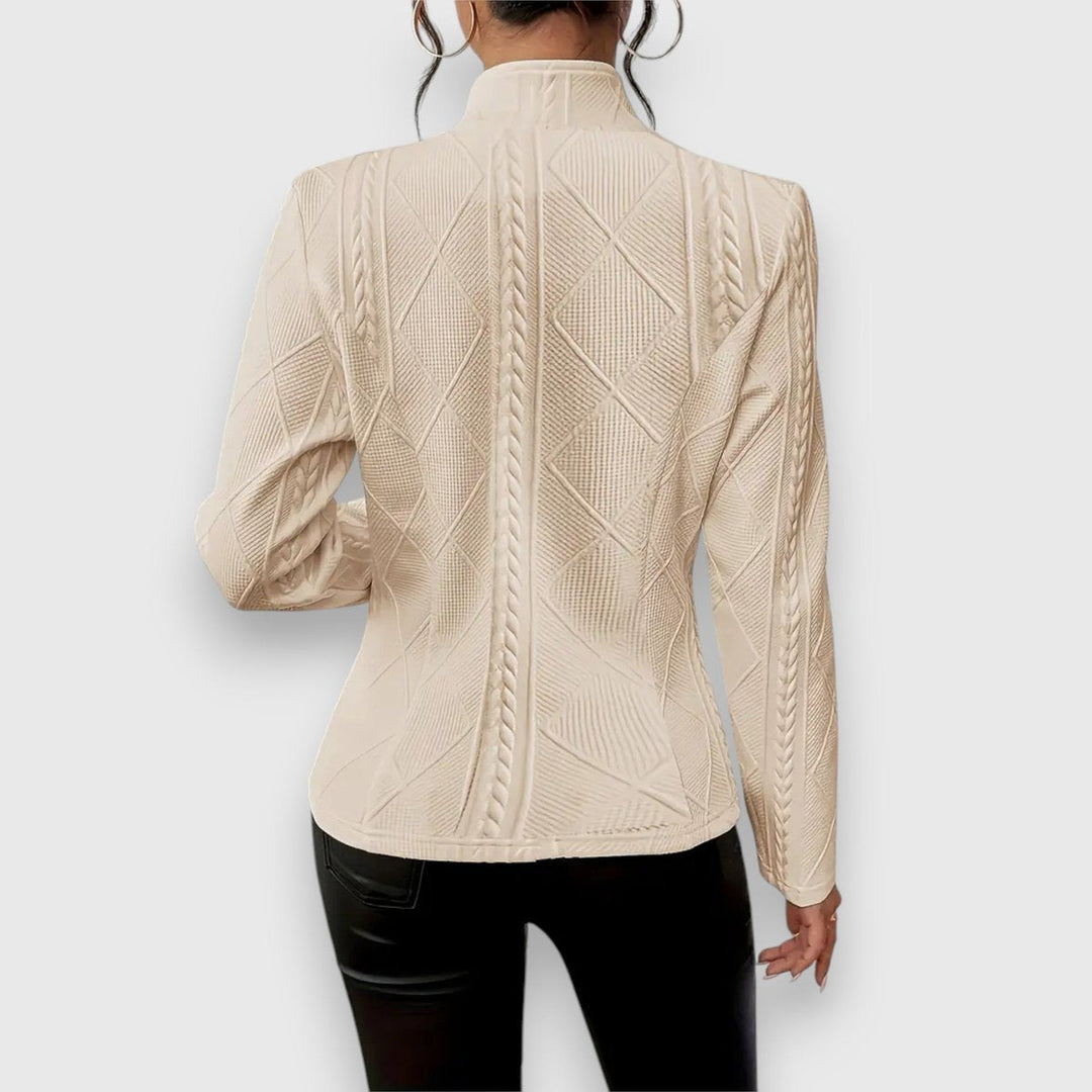Women’s textured cable-knit button-front cardigan by Bennett and Lowe, fitted long-sleeve sweater with mock-neck design.