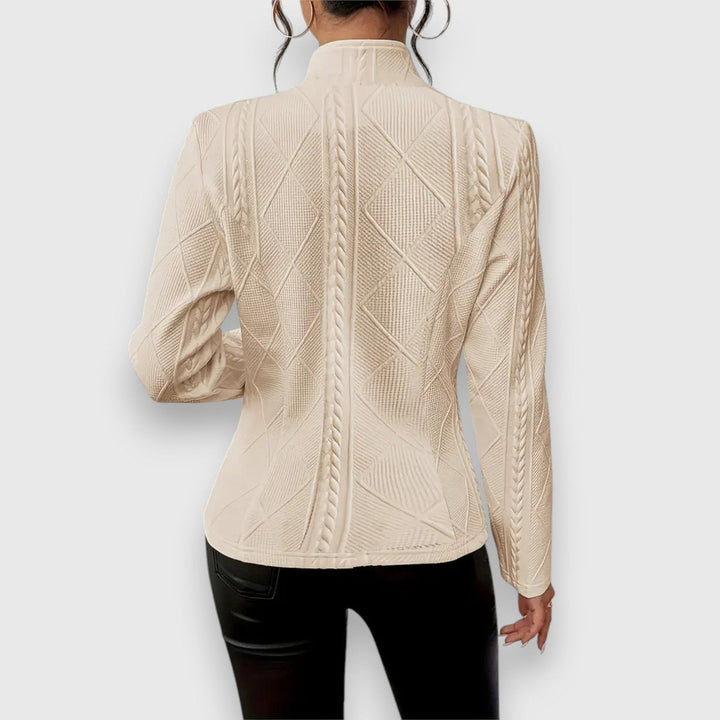 Women’s textured cable-knit button-front cardigan by Bennett and Lowe, fitted long-sleeve sweater with mock-neck design.