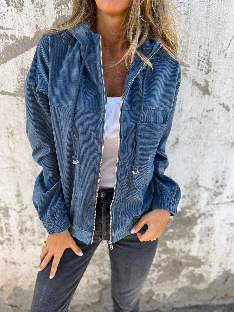 Women’s ribbed zip-up hooded jacket by Bennett and Lowe featuring quilted, oversized fit, and corduroy fabric.