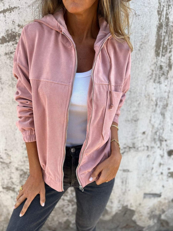 Lauren Bennett and Lowe women's ribbed zip-up hooded jacket with quilted, oversized fit, made of corduroy fabric.