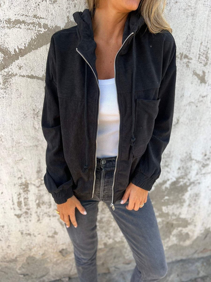 Women's Bennett and Lowe Lauren ribbed zip-up hooded jacket with quilted, oversized fit and corduroy texture.