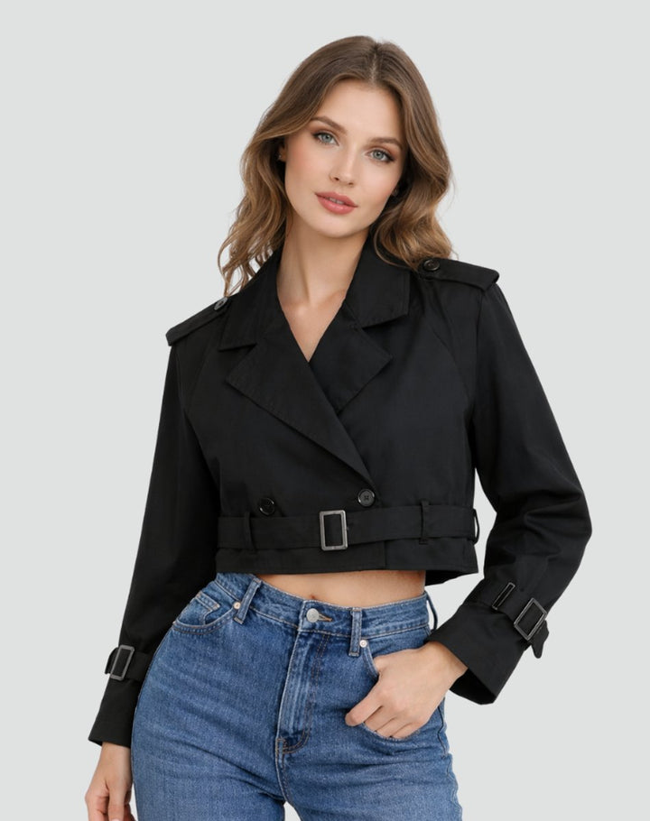 Women's cropped belted trench coat by Bennett and Lowe, double-breasted design with stylish collar and tailored fit.