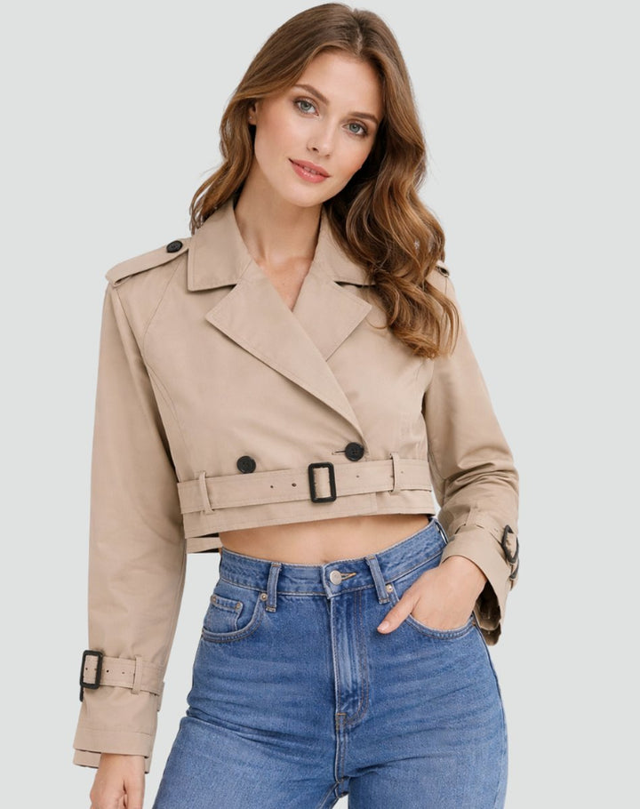 Women's cropped belted trench coat by Bennett and Lowe, double-breasted design with a stylish waist belt and classic trench silhouette.