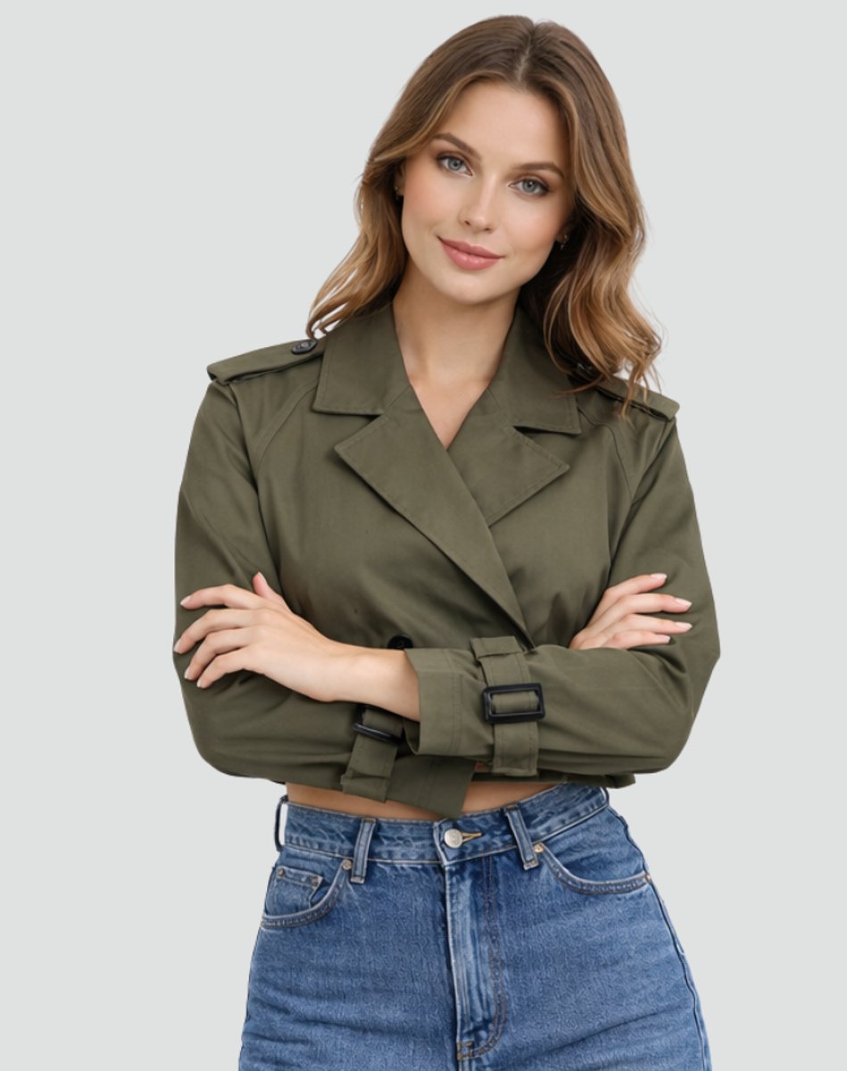 Women’s cropped belted trench coat by Bennett and Lowe, double-breasted design with a tailored fit and stylish belt detail.
