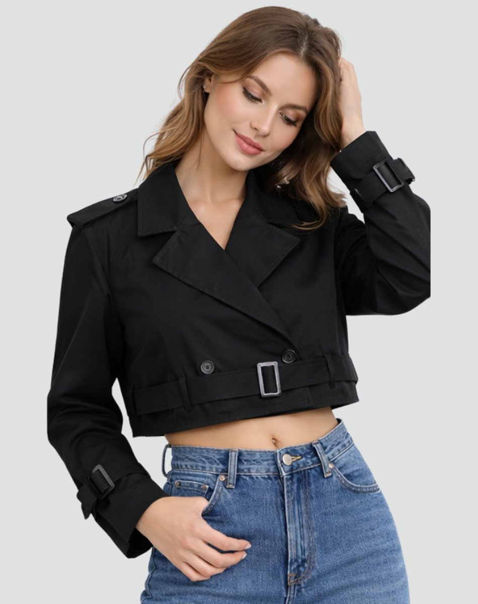 Women’s cropped belted trench coat by Bennett and Lowe, double-breasted design with a stylish belt and tailored fit.