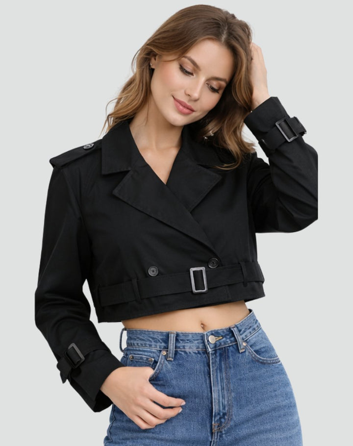 Women’s cropped belted trench coat by Bennett and Lowe, double-breasted design with a stylish belt and tailored fit.