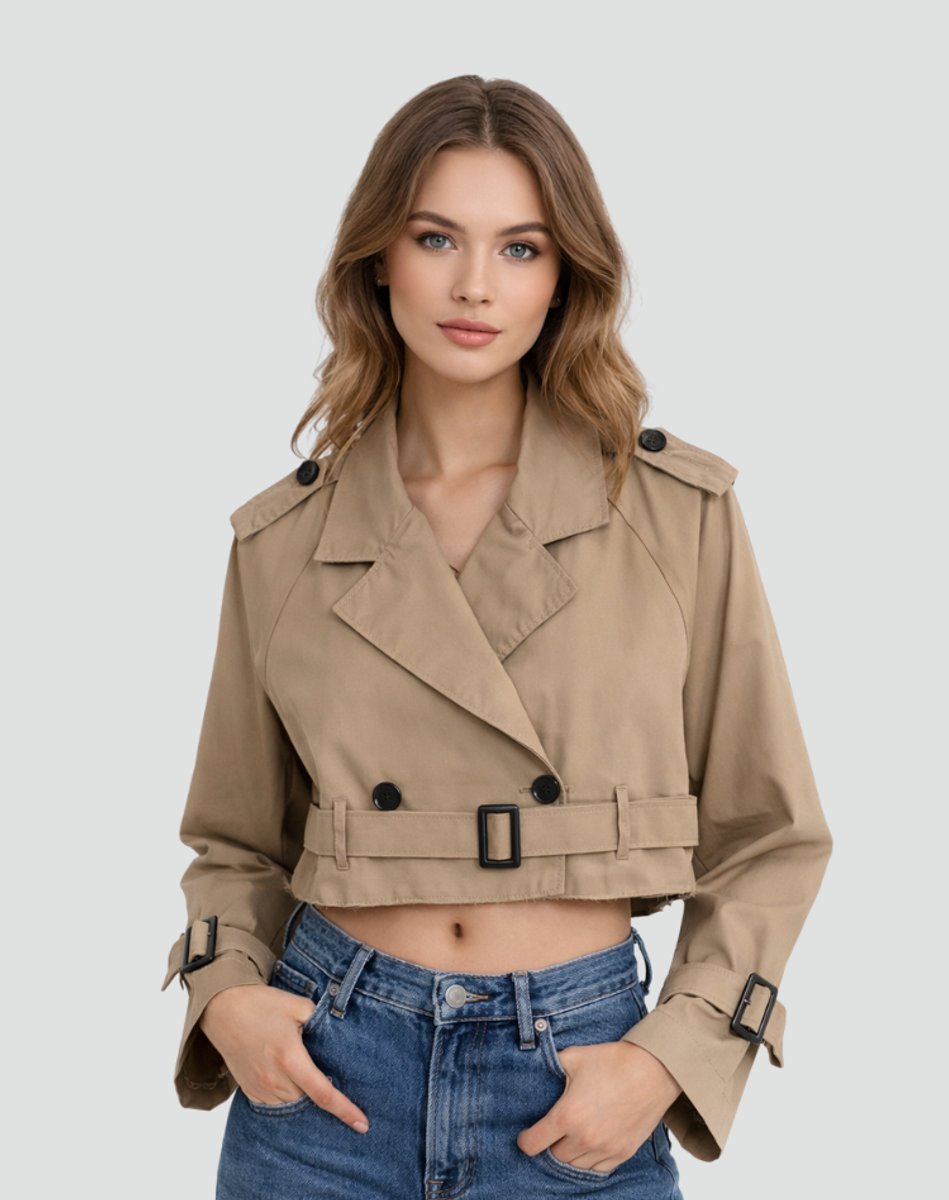 Bennett and Lowe Juliana cropped belted trench coat for women, double-breasted style, in classic beige, shown on a model.