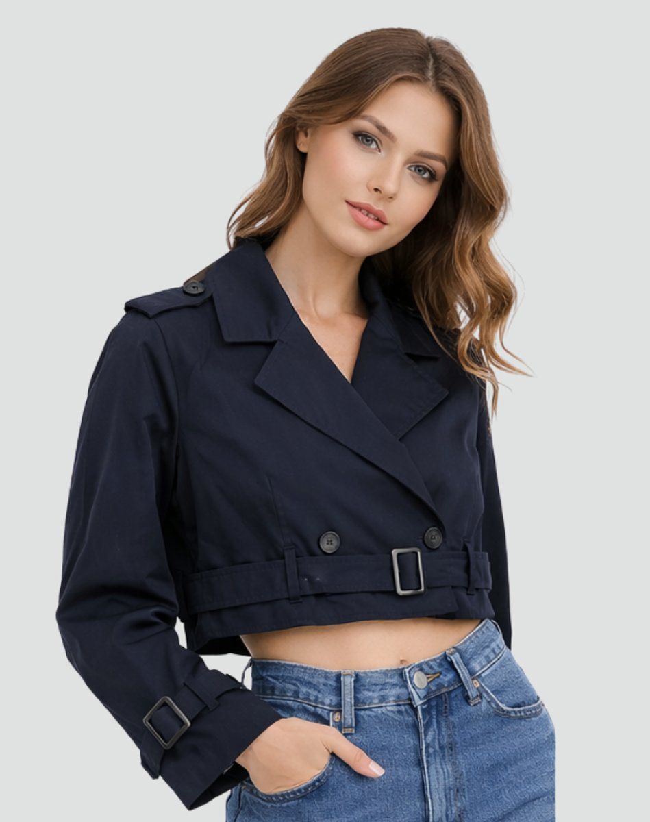 Women’s cropped belted trench coat by Bennett and Lowe, double-breasted design with a stylish belt and classic trench coat silhouette.