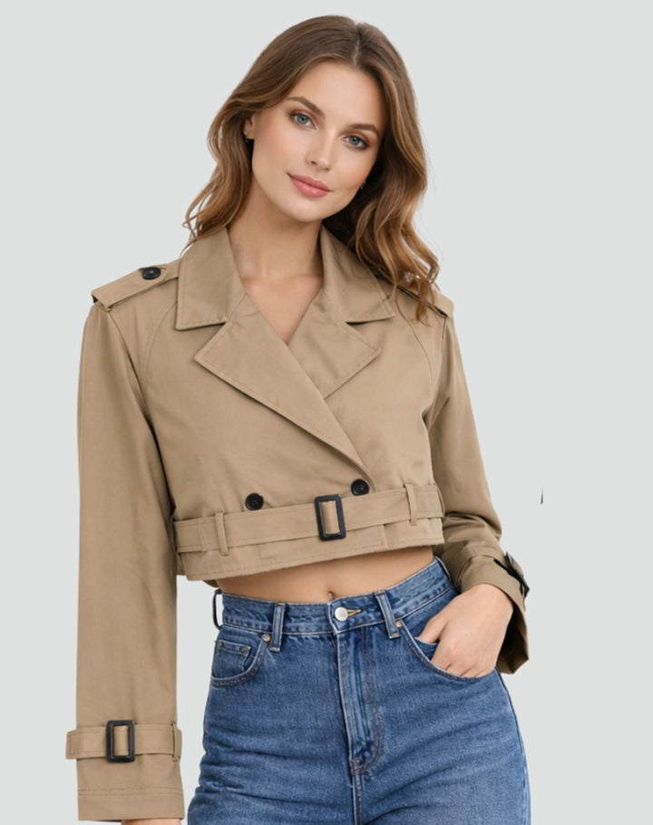 Women's cropped belted trench coat by Bennett and Lowe, double-breasted design, beige fabric, stylish and tailored for a polished look.