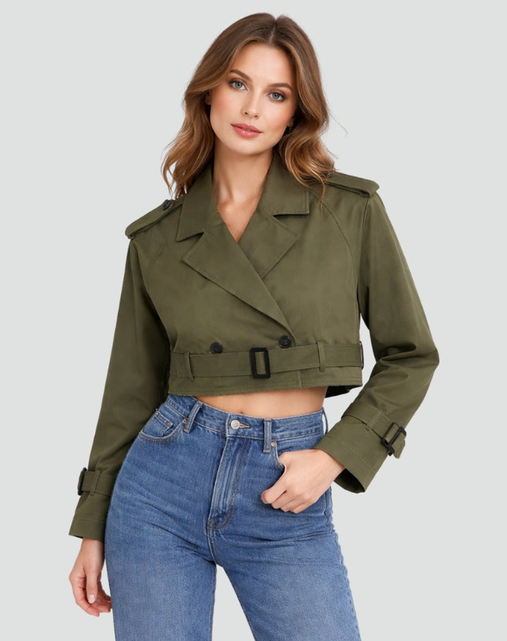 Women’s cropped belted trench coat by Bennett and Lowe, double-breasted style with tailored fit and classic design.
