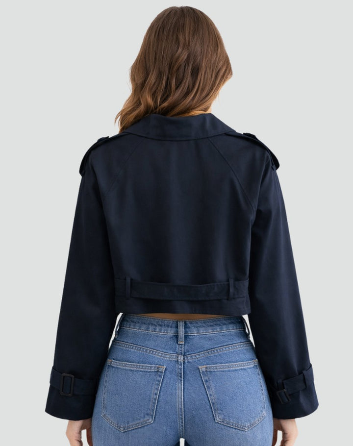 Juliana Bennett and Lowe women's cropped belted trench coat with double-breasted design and classic collar.
