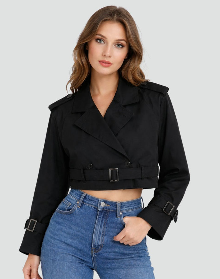 Bennett and Lowe Juliana cropped belted trench coat for women, double-breasted design, in neutral fabric, styled for a chic look.