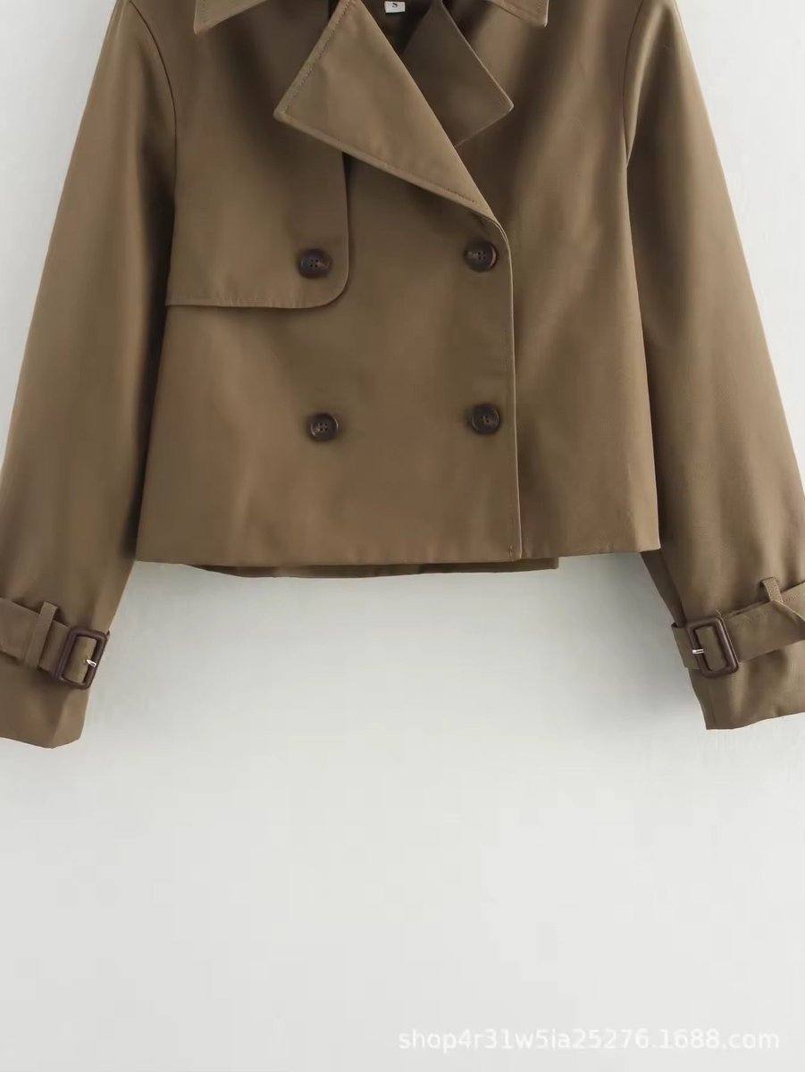 Bennett and Lowe Eugenia women's cropped double-breasted trench coat with buckle cuffs, stylish and tailored for a modern look.