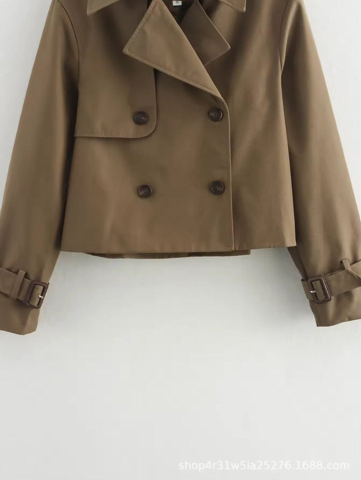 Bennett and Lowe Eugenia women's cropped double-breasted trench coat with buckle cuffs, stylish and tailored for a modern look.