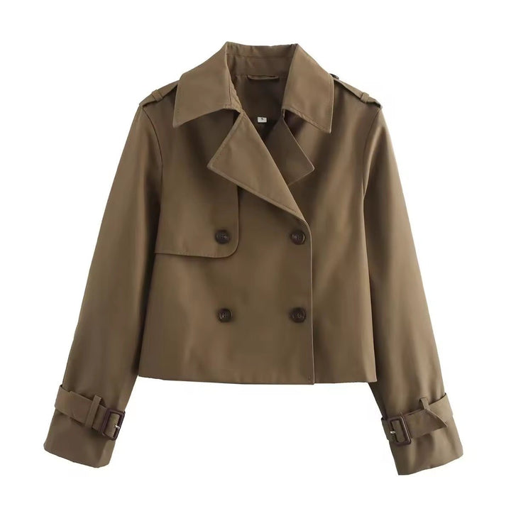 Eugenia cropped double-breasted trench coat for women by Bennett and Lowe, featuring buckle cuffs and classic design.