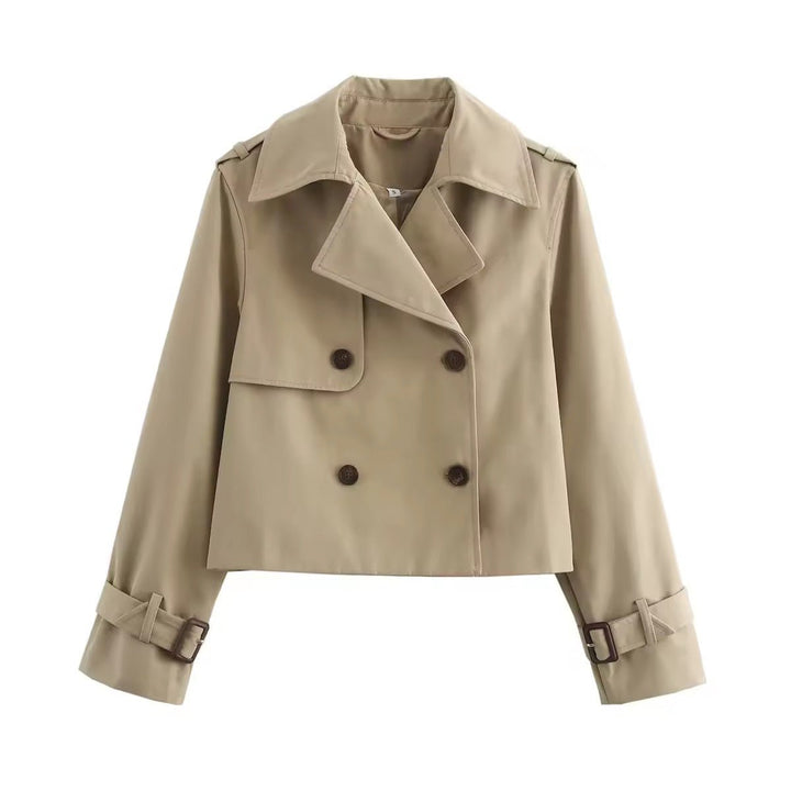 Eugenia cropped double-breasted trench coat for women by Bennett and Lowe, featuring buckle cuffs and classic design.