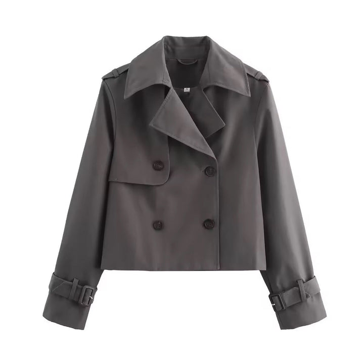 Women’s Bennett and Lowe Eugenia cropped double-breasted trench coat with buckle cuffs, stylish and tailored for a modern look.