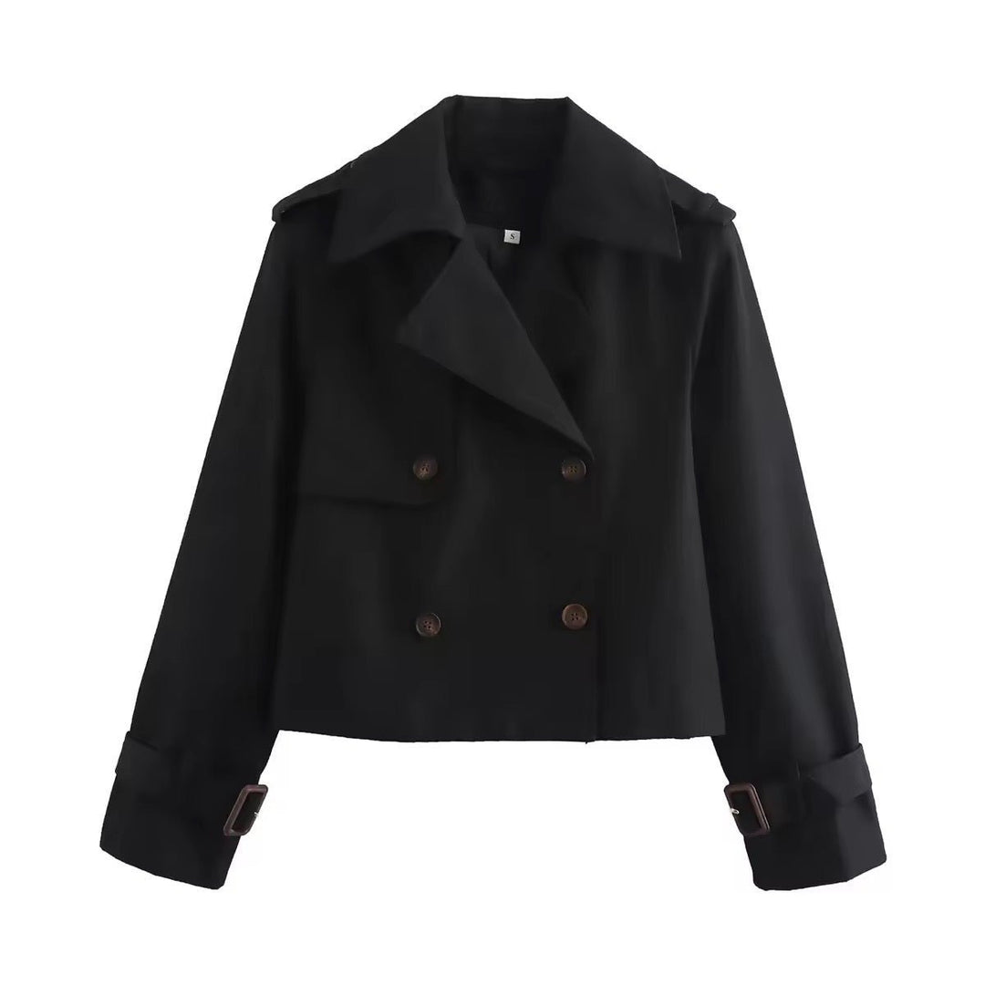 Eugenia cropped double-breasted trench coat for women by Bennett and Lowe, featuring buckle cuffs and a stylish design.