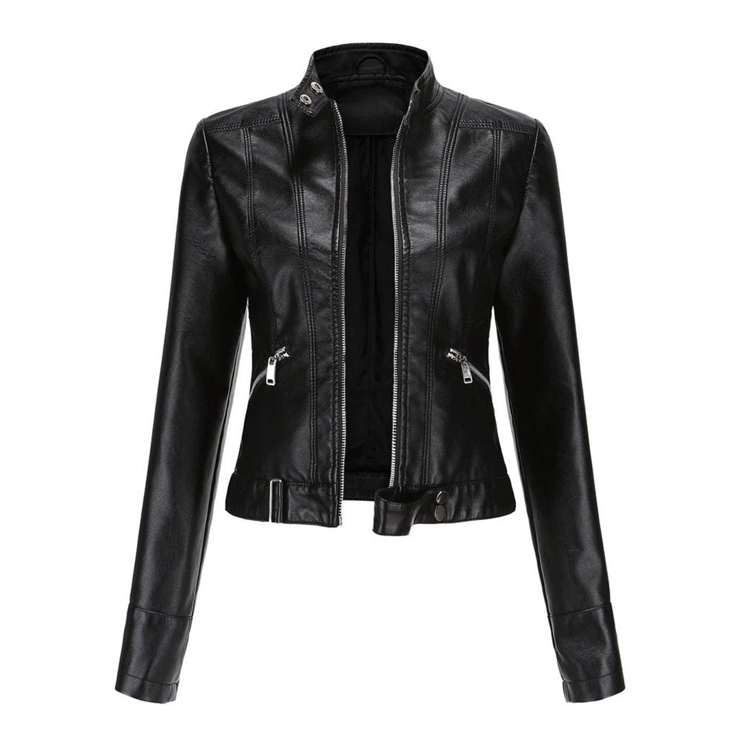 Women’s cropped faux leather moto jacket with stand collar by Bennett and Lowe, stylish and fitted for a modern look.
