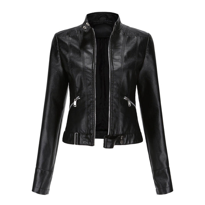 Women’s cropped faux leather moto jacket with stand collar by Bennett and Lowe, stylish biker design for women.