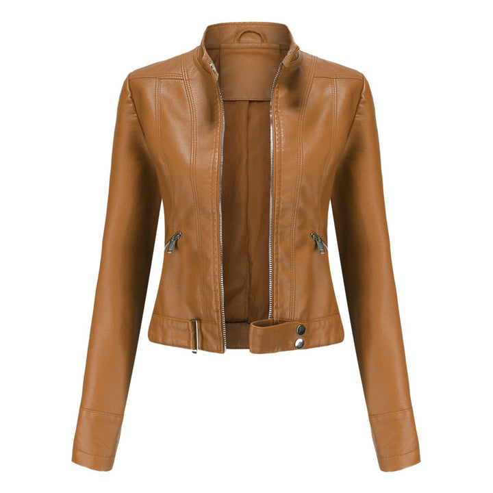 Women’s cropped faux leather moto jacket with stand collar by Bennett and Lowe, featuring a fitted biker style and silver hardware.