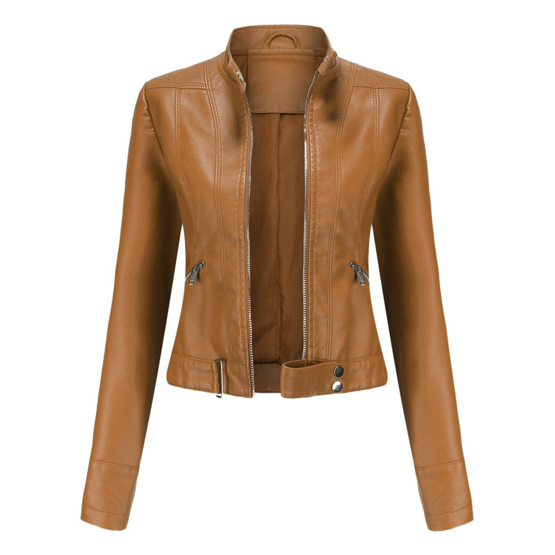 Women’s cropped faux leather moto jacket with stand collar by Bennett and Lowe, featuring a stylish biker design.