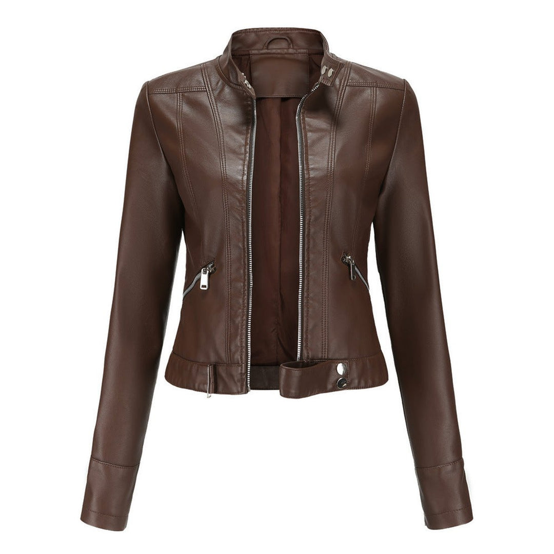 Cropped faux leather moto jacket for women with stand collar by Bennett and Lowe, featuring sleek biker style and fitted design.