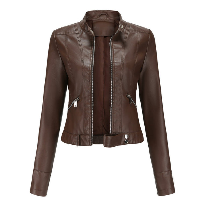Cropped faux leather moto jacket for women with stand collar by Bennett and Lowe, featuring sleek biker style and fitted design.
