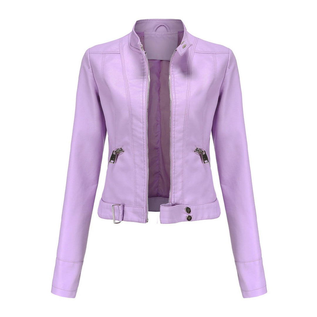 Women’s cropped faux leather moto jacket with stand collar, from Bennett and Lowe, featuring a stylish biker design.