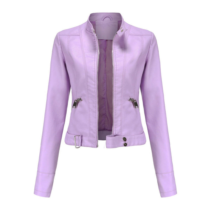 Women’s cropped faux leather moto jacket with stand collar, from Bennett and Lowe, featuring a stylish biker design.