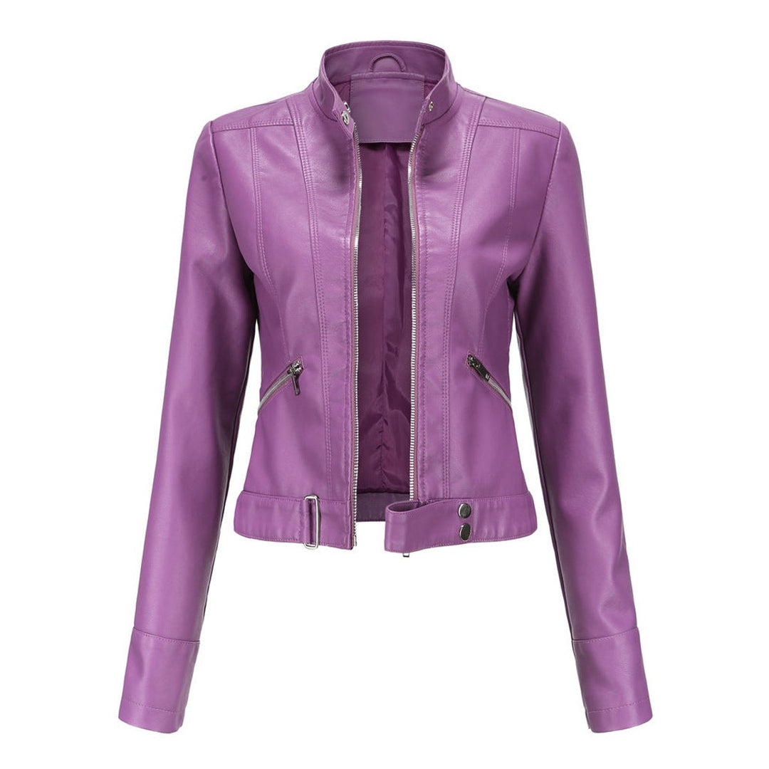Womens cropped faux leather moto jacket with stand collar by Bennett and Lowe, featuring a stylish biker design.
