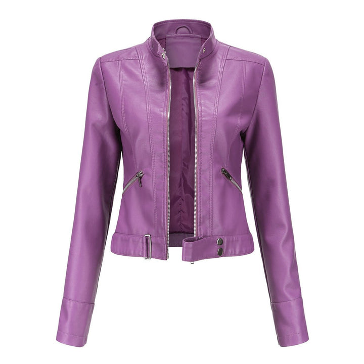 Womens cropped faux leather moto jacket with stand collar by Bennett and Lowe, featuring a stylish biker design.