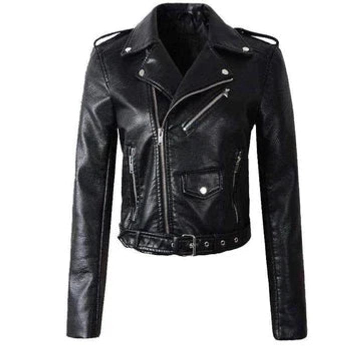 Rachel women's cropped faux leather belted moto jacket by Bennett and Lowe, featuring a fitted design, lapel collar, and belt detail.