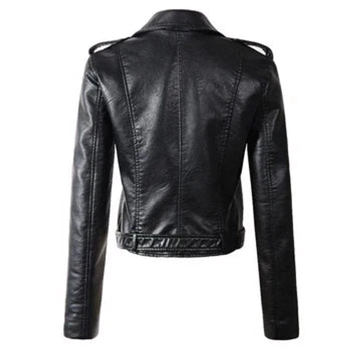 Rachel Bennett and Lowe cropped belted faux leather moto jacket for women, featuring a stylish biker design and belt details.