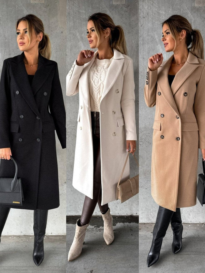 Emeline double-breasted longline women's overcoat by Bennett and Lowe, with long sleeves and a tailored fit, shown on a model.