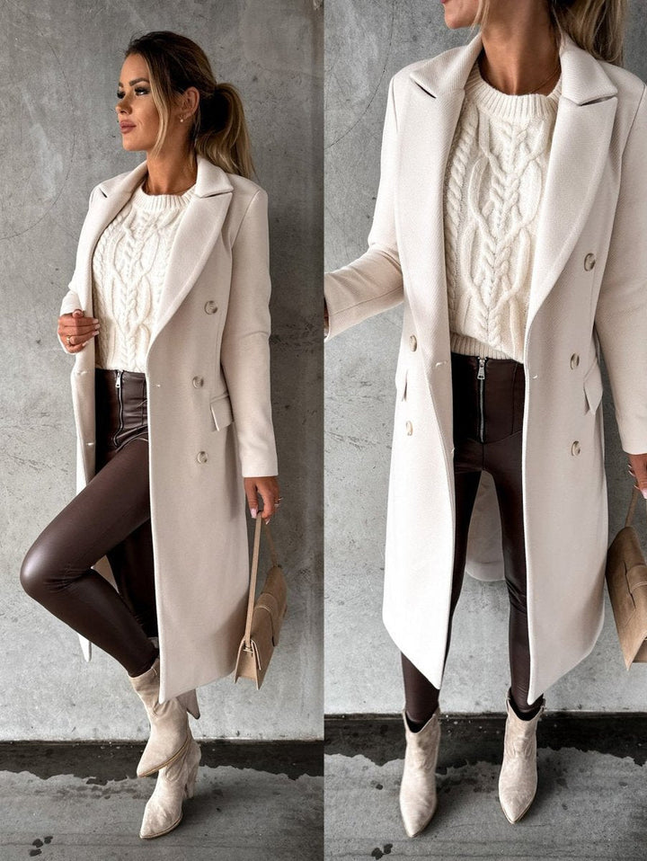 Women's Emeline double-breasted longline overcoat by Bennett and Lowe, featuring long sleeves and a stylish midi length.