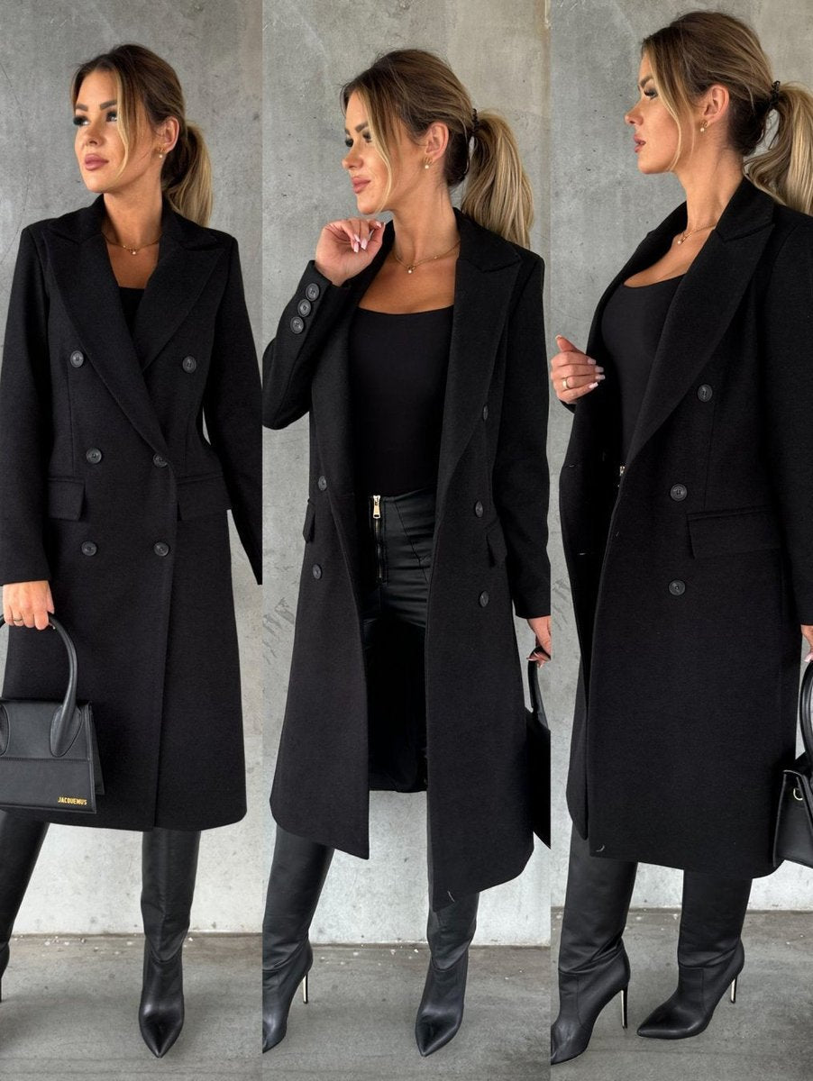 Emeline Bennett and Lowe women's double-breasted longline overcoat with long sleeves, tailored midi coat, stylish winter outerwear