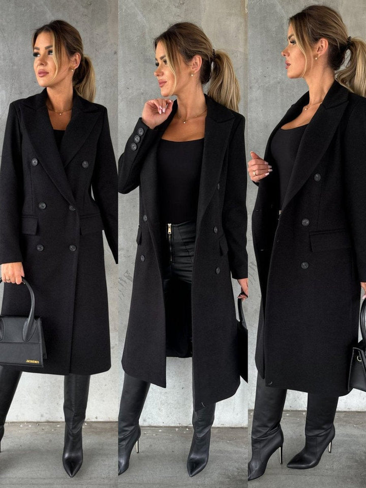 Emeline Bennett and Lowe women's double-breasted longline overcoat with long sleeves, tailored midi coat, stylish winter outerwear