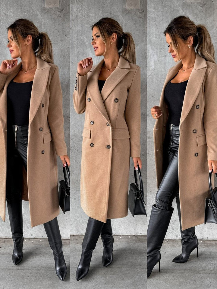 Bennett and Lowe Emeline double-breasted longline women's overcoat with long sleeves and midi length, stylish and warm outerwear.