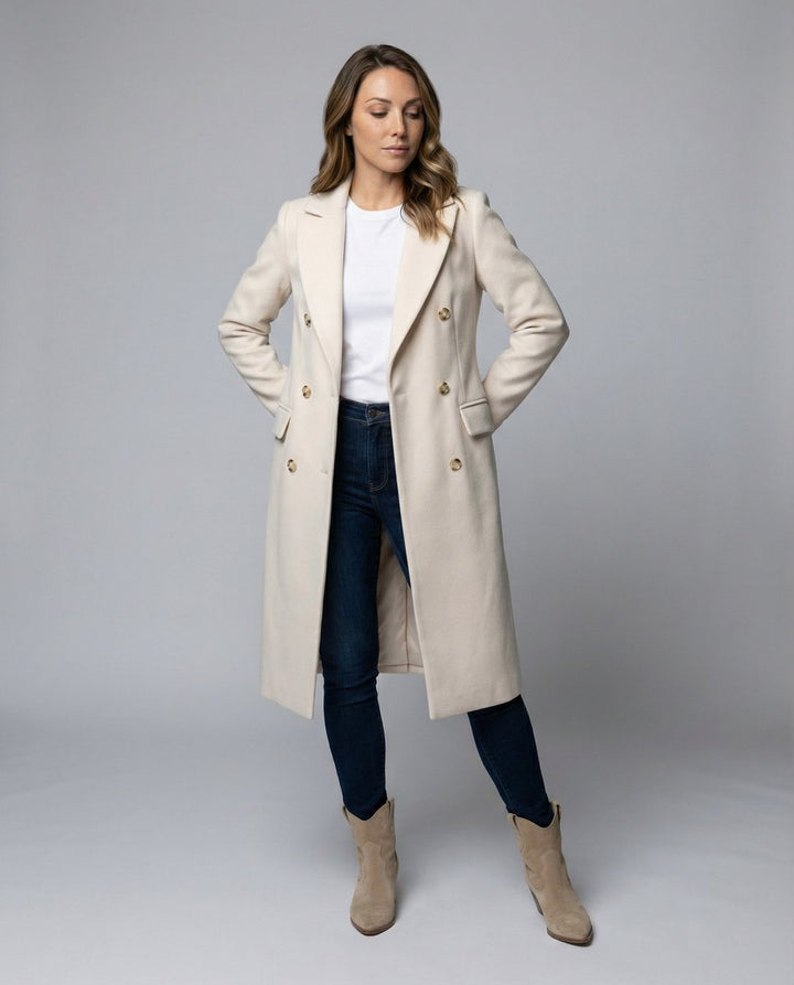 Women's Bennett and Lowe Emeline double-breasted longline overcoat with long sleeves and a midi length, stylish and warm winter coat.