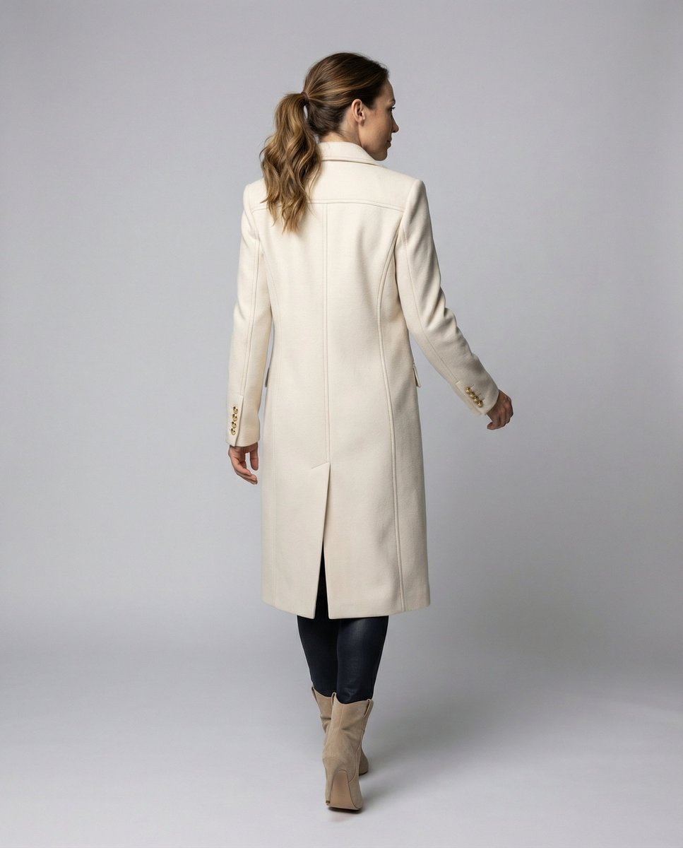 Women's double-breasted longline overcoat by Bennett and Lowe, featuring long sleeves and a stylish midi length.