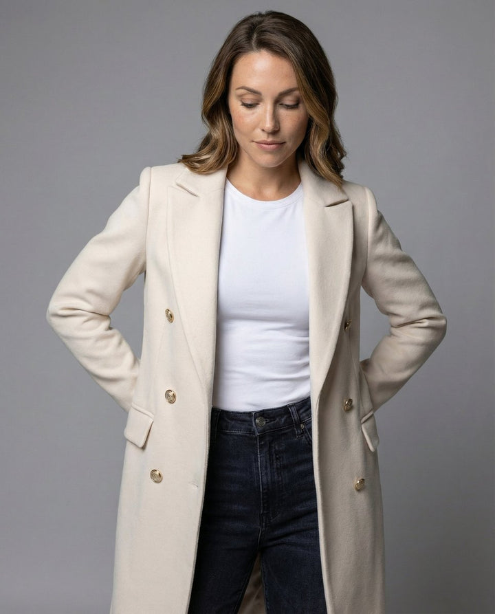 Emeline Bennett and Lowe double-breasted longline women's coat with long sleeves, midi length, stylish overcoat for women.