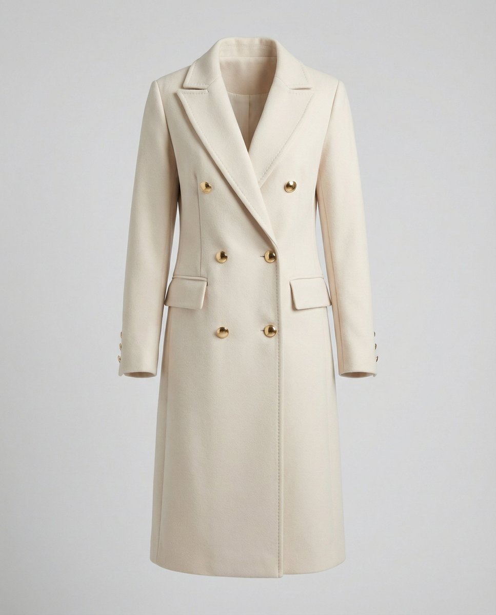 Women's Bennett and Lowe Emeline double-breasted longline coat with long sleeves, tailored and stylish for cold weather.