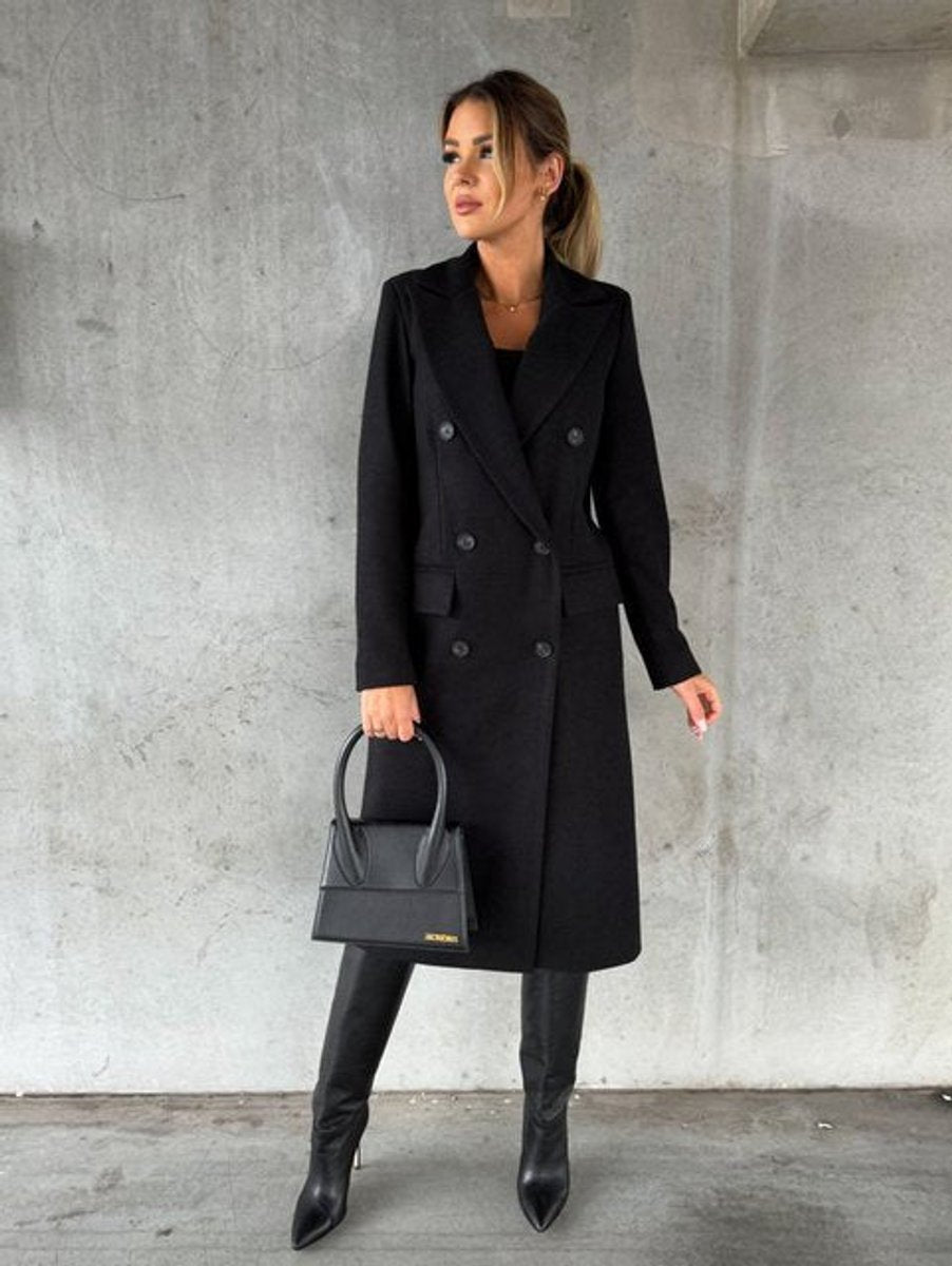 Emeline Bennett and Lowe double-breasted women's longline overcoat with long sleeves, midi length, stylish and warm outerwear.