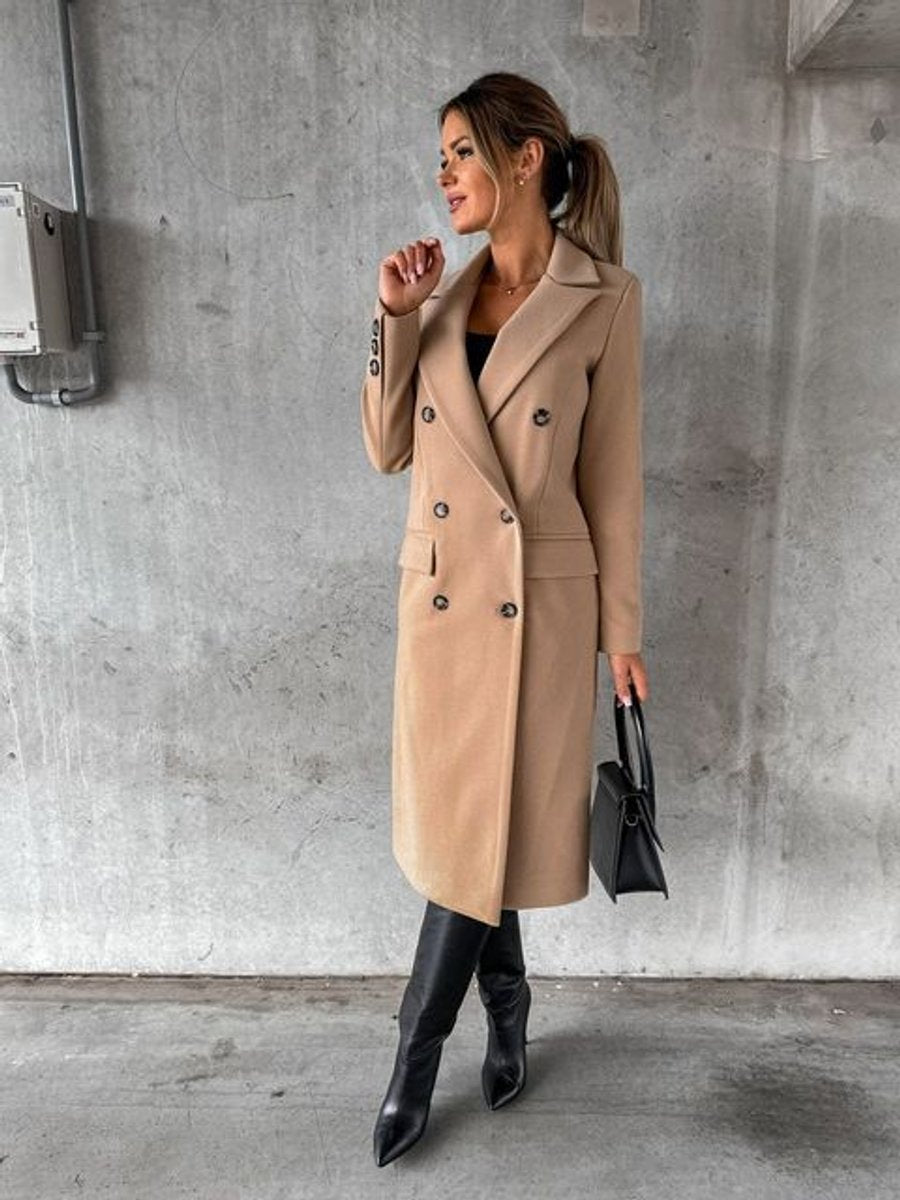 Emeline double-breasted longline women's overcoat with long sleeves, tailored fit, in a classic style by Bennett and Lowe.