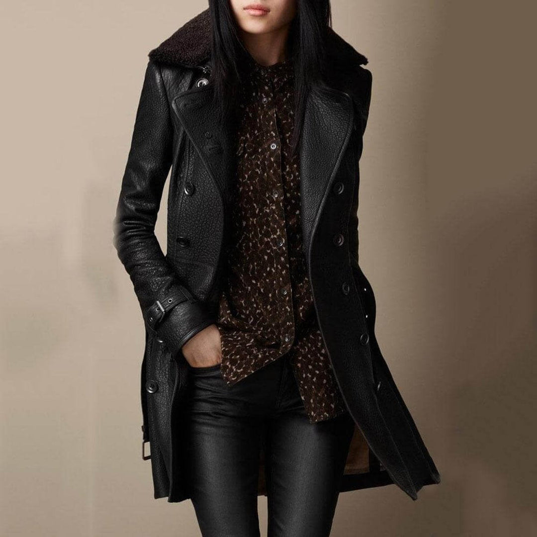 Women's Bennett and Lowe Selma double-breasted trench coat with shearling collar, structured leather design, stylish and warm.