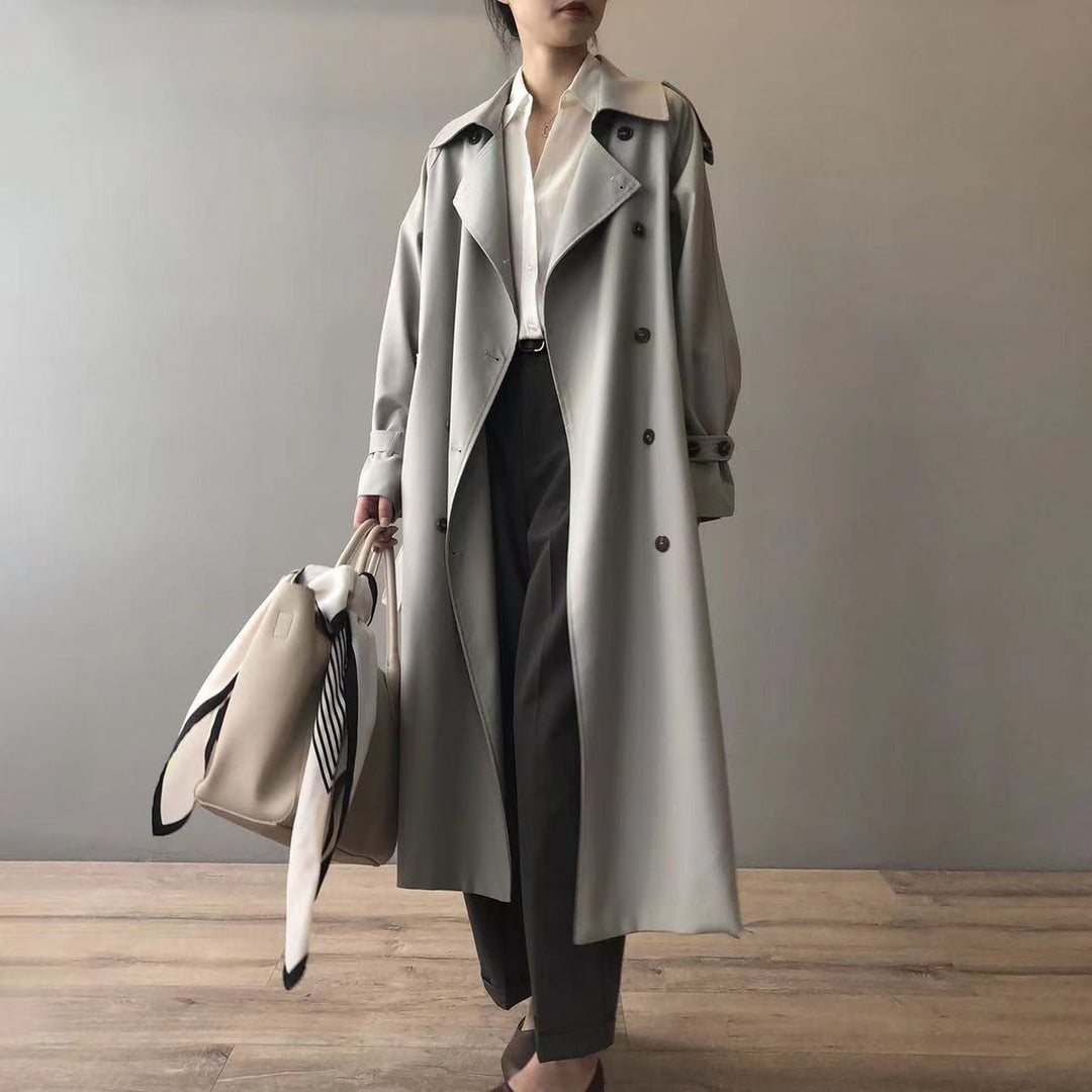 Women’s Bennett and Lowe Katherine double-breasted belted long trench coat, water-repellent fabric, shown on a model.