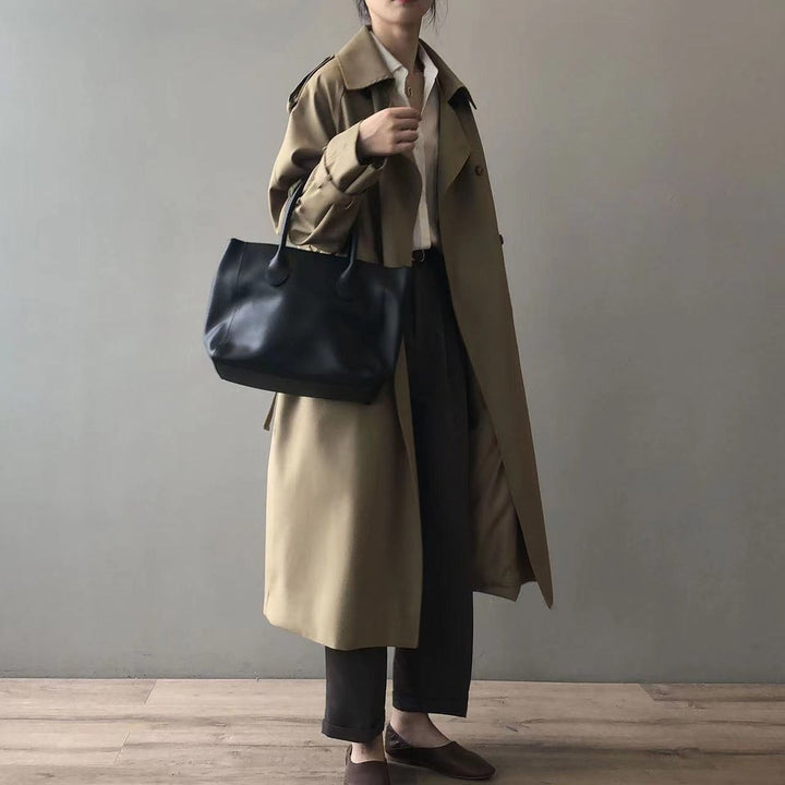 Women's Bennett and Lowe Katherine double-breasted belted long trench coat, water-repellent fabric, shown in a stylish long trench coat design.