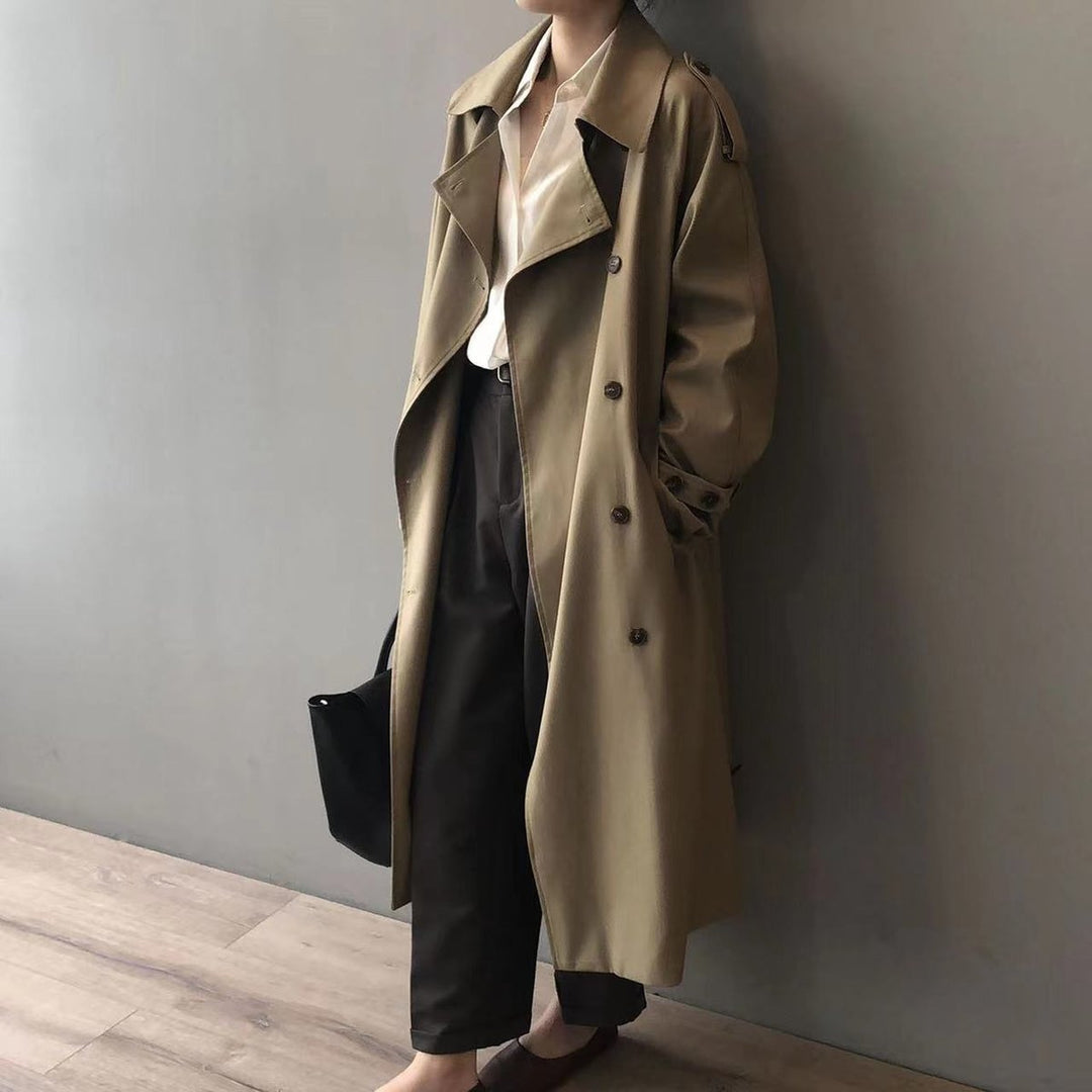 Women’s Bennett and Lowe Katherine double-breasted belted long trench coat, water-repellent, in classic style with a tailored fit.